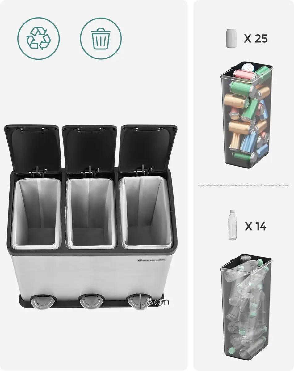 Songmics Pedaalemmer 54L - 3 Vakken Zilver-Zwart