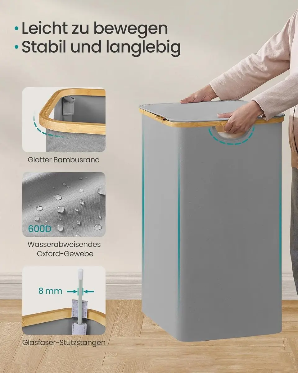 Songmics Wasmand met deksel 200L - 4 Compartimenten - Grijs