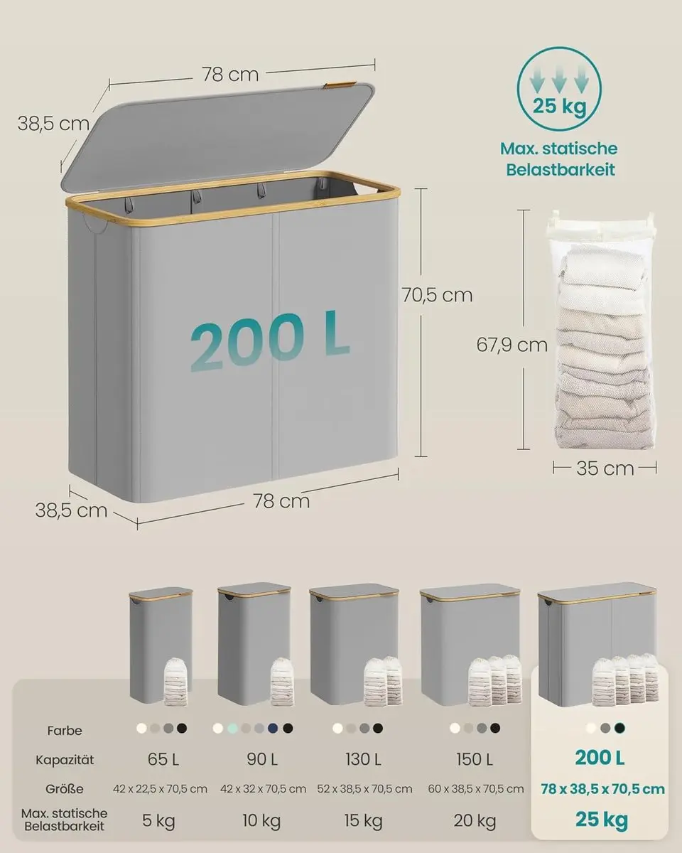 Songmics Wasmand met deksel 200L - 4 Compartimenten - Grijs