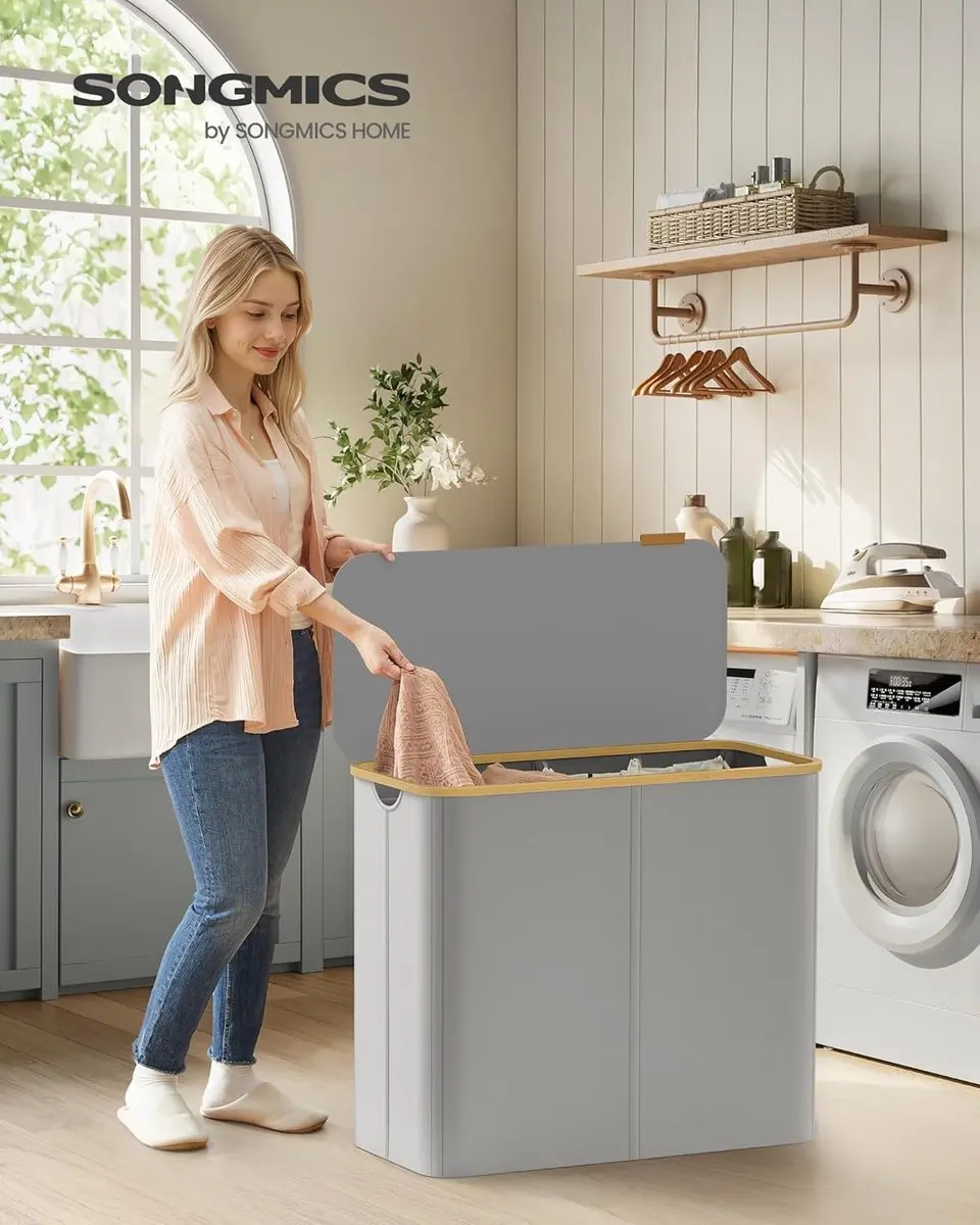 Songmics Wasmand met deksel 200L - 4 Compartimenten - Grijs