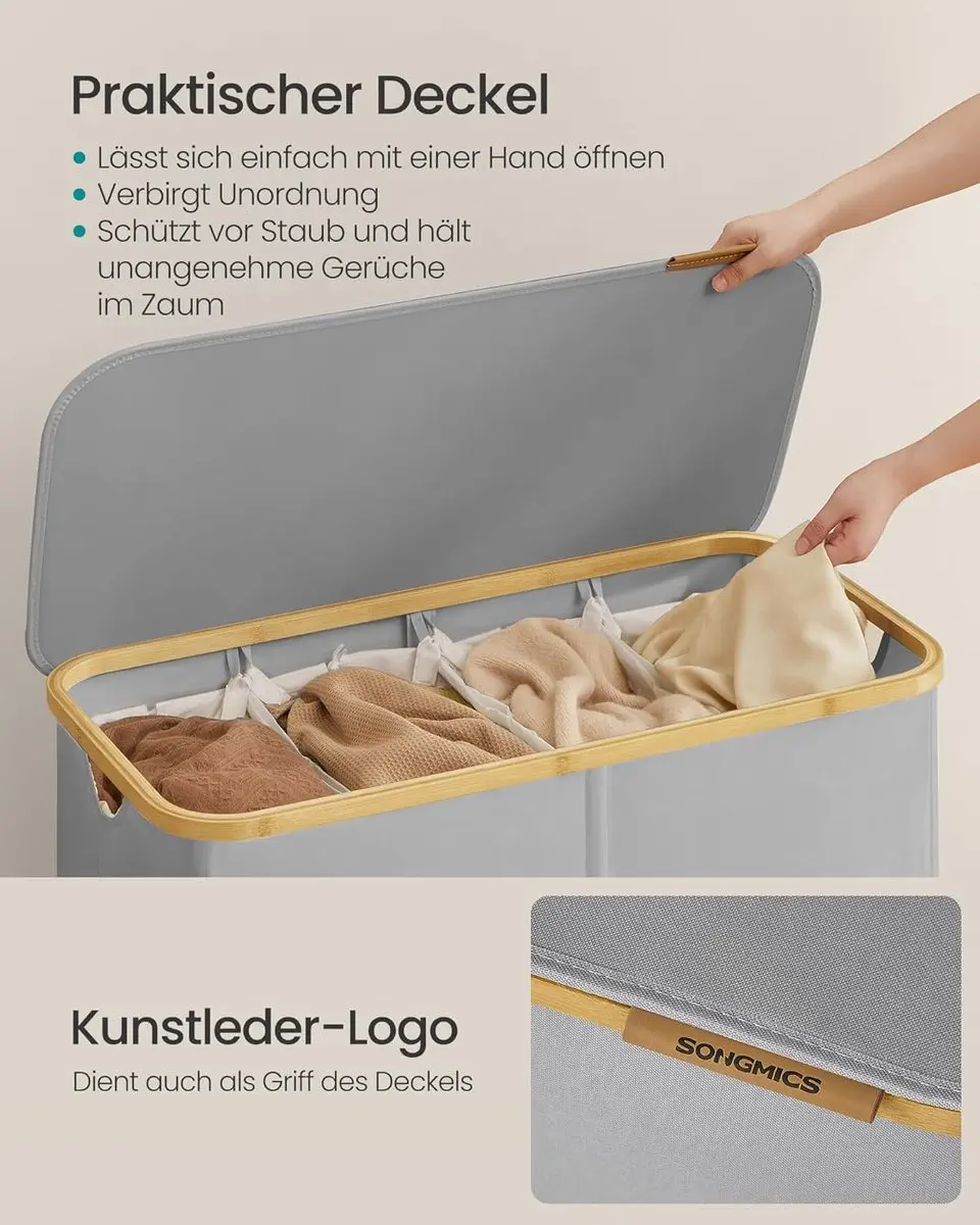 Songmics Wasmand met deksel 200L - 4 Compartimenten - Grijs