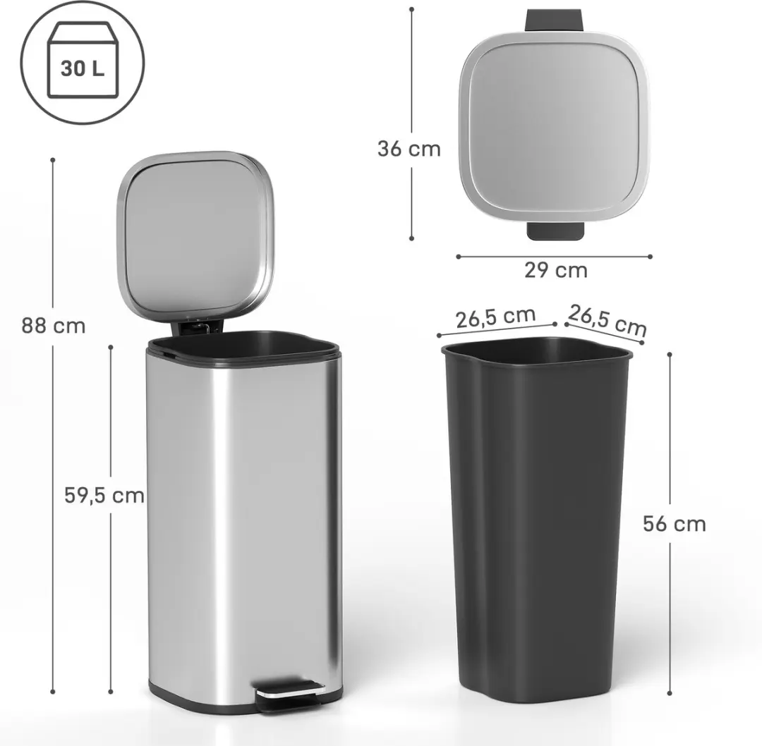 Homcom Prullenbak Metaal 30L - Zilver - afbeelding 6 van 6
