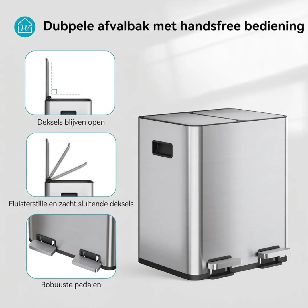Homcom Tweevaks Afvalbak S2041-01-00029 - 30L - Zilver
