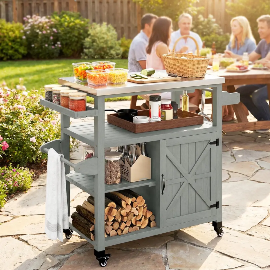 Outsunny Grillwagen Roestvrij staal Vurenhout 107x49,5x92,5cm Grijs