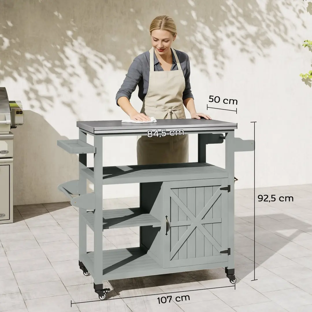 Outsunny Grillwagen Roestvrij staal Vurenhout 107x49,5x92,5cm Grijs