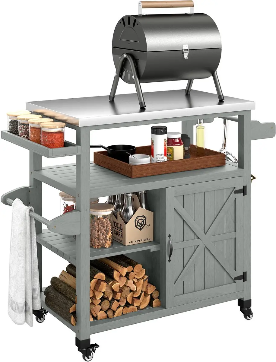 Outsunny Grillwagen Roestvrij staal Vurenhout 107x49,5x92,5cm Grijs