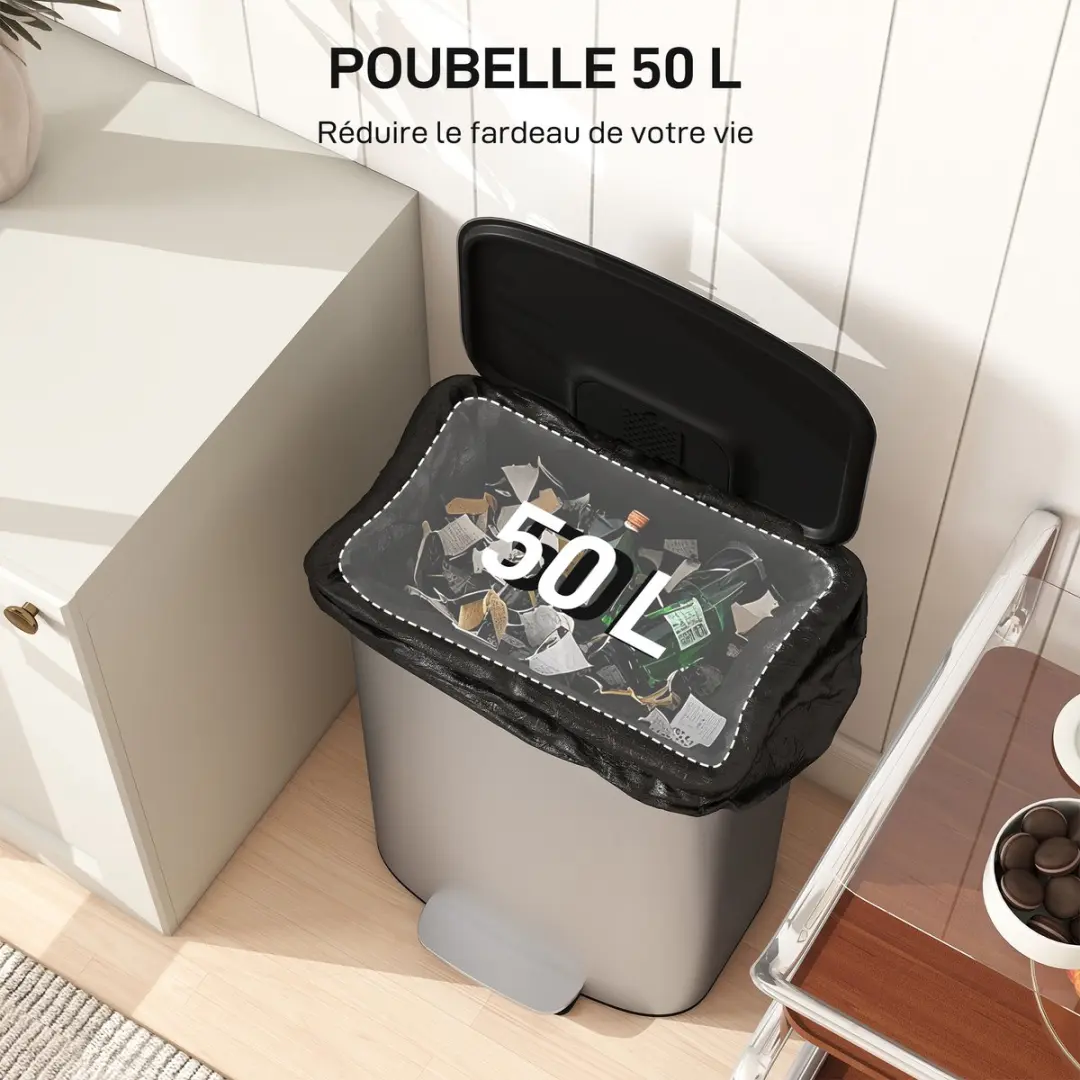 Homcom Prullenbak Roestvrij Staal 50L - 45x36x63cm - Grijs