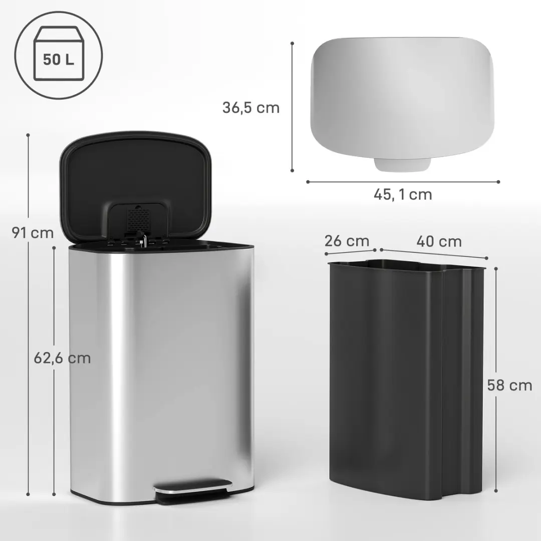 Homcom Prullenbak Roestvrij Staal 50L - 45x36x63cm - Grijs - afbeelding 6 van 6