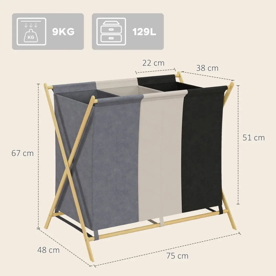 Homcom Wasmand 3 Vakken Opvouwbaar 129L - Meerkleurig