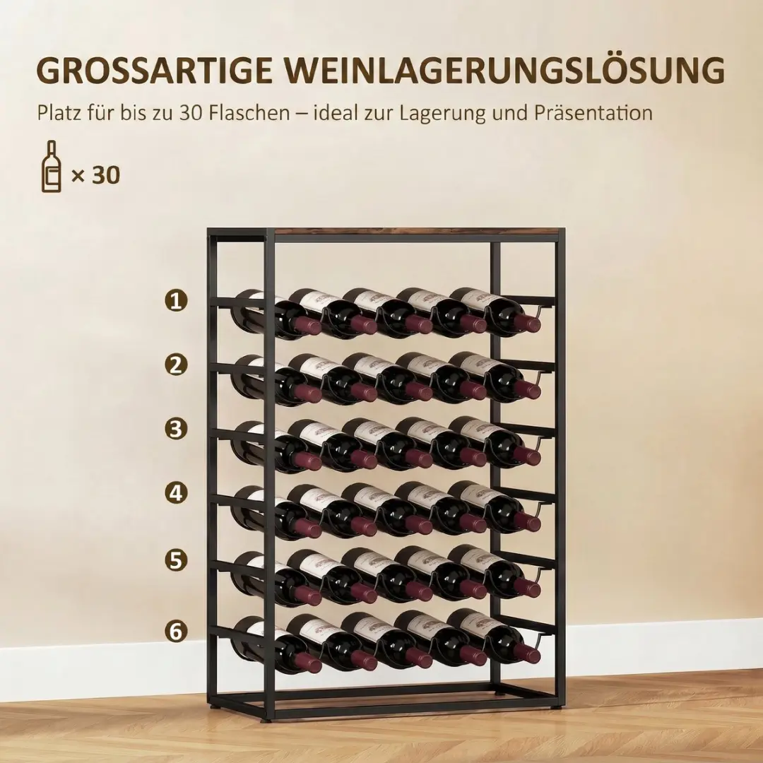 Homcom Wijnrek 30 Flessen - 59x30x88,5cm Rustiek Bruin - afbeelding 6 van 6