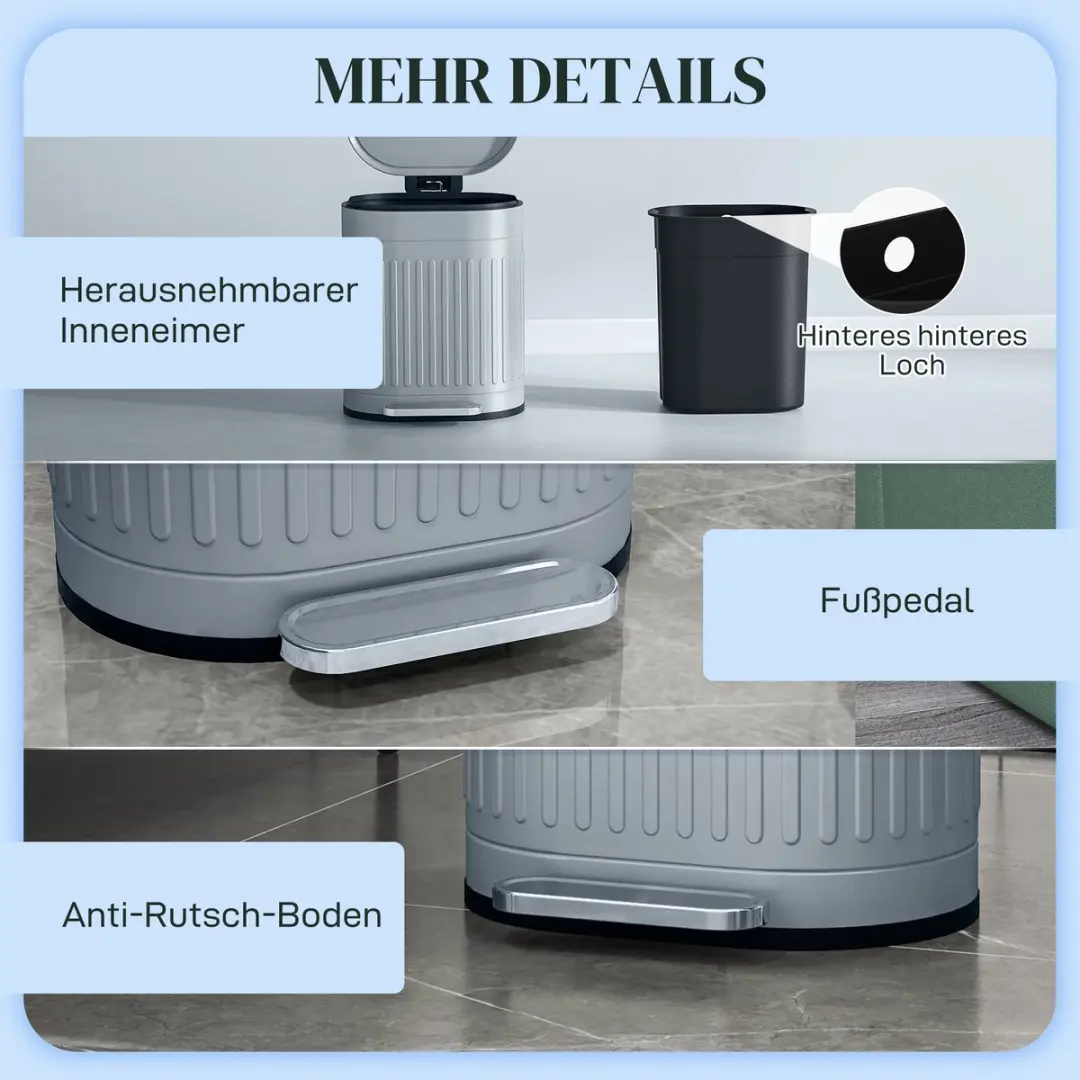 Homcom Prullenbak Metaal 20L - 36,5x31,2x45cm Grijs - afbeelding 6 van 6