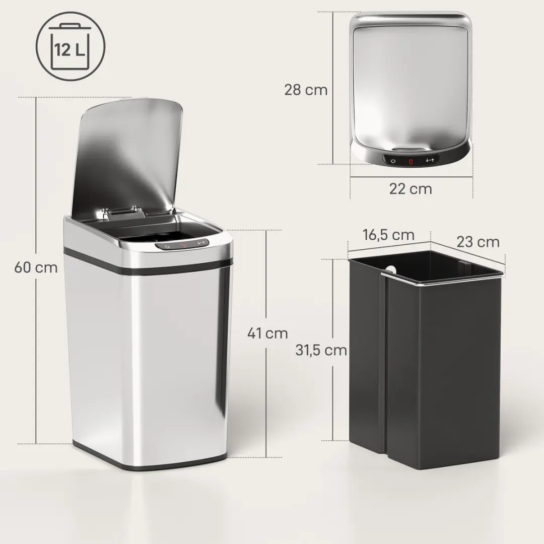 Homcom Sensor Prullenbak 12L - 28x22x41cm - Zilver