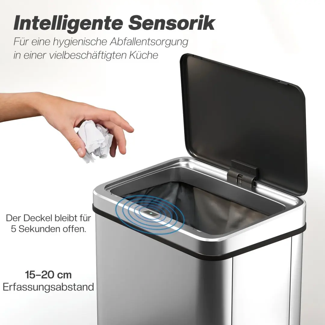 Homcom Sensor Prullenbak ABS 40L - 35,5x26x55cm Zilver/Zwart - afbeelding 6 van 6