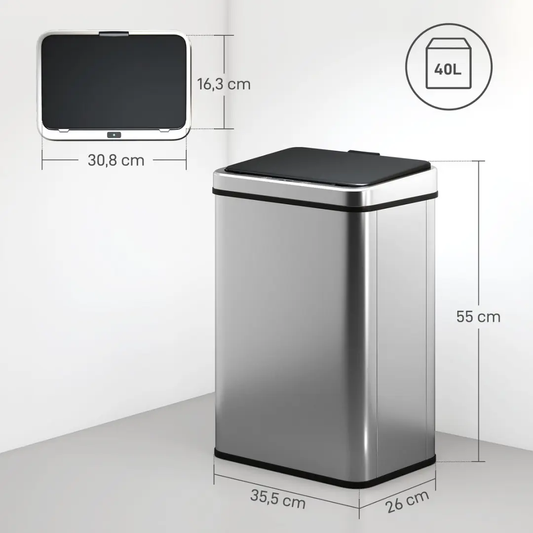 Homcom Sensor Prullenbak ABS 40L - 35,5x26x55cm Zilver/Zwart - afbeelding 5 van 6