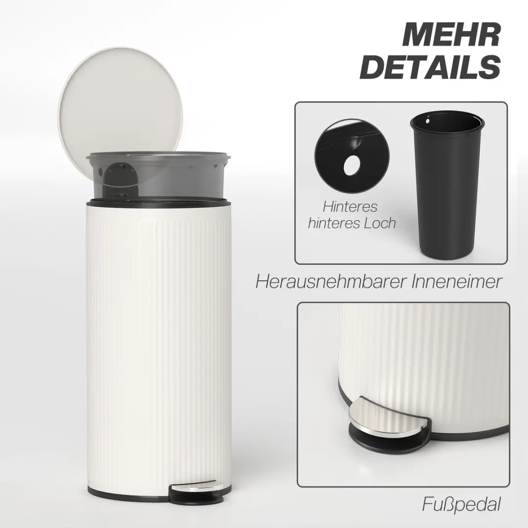 Homcom Prullenbak 36L Crèmewit - 30x28,5cm - afbeelding 6 van 6