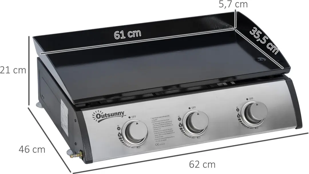 Outsunny Gasgrill 3 Branders - 62x46x21cm - Zilver/Zwart
