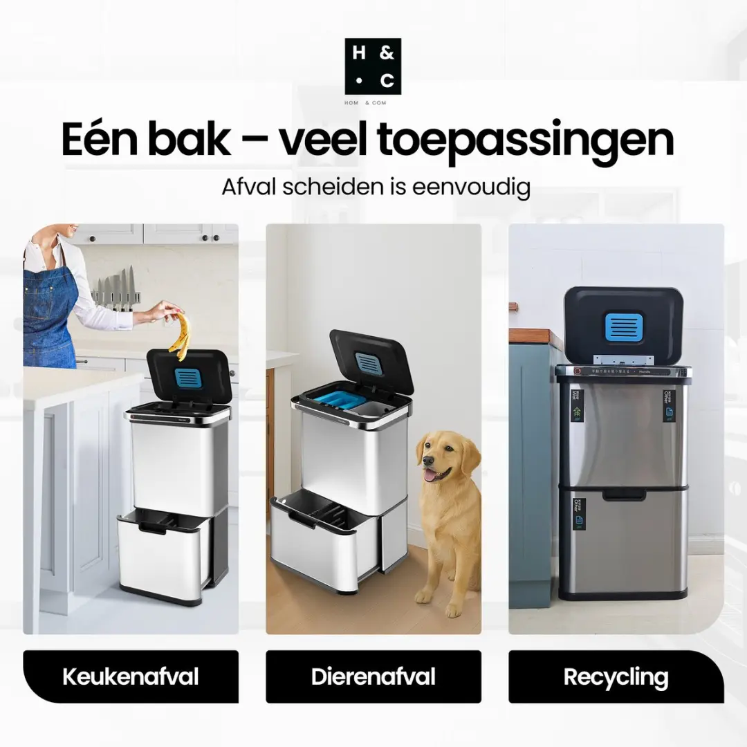 Homcom Prullenbak 3 Vakken 60L - Sensor Automatisch Zilver