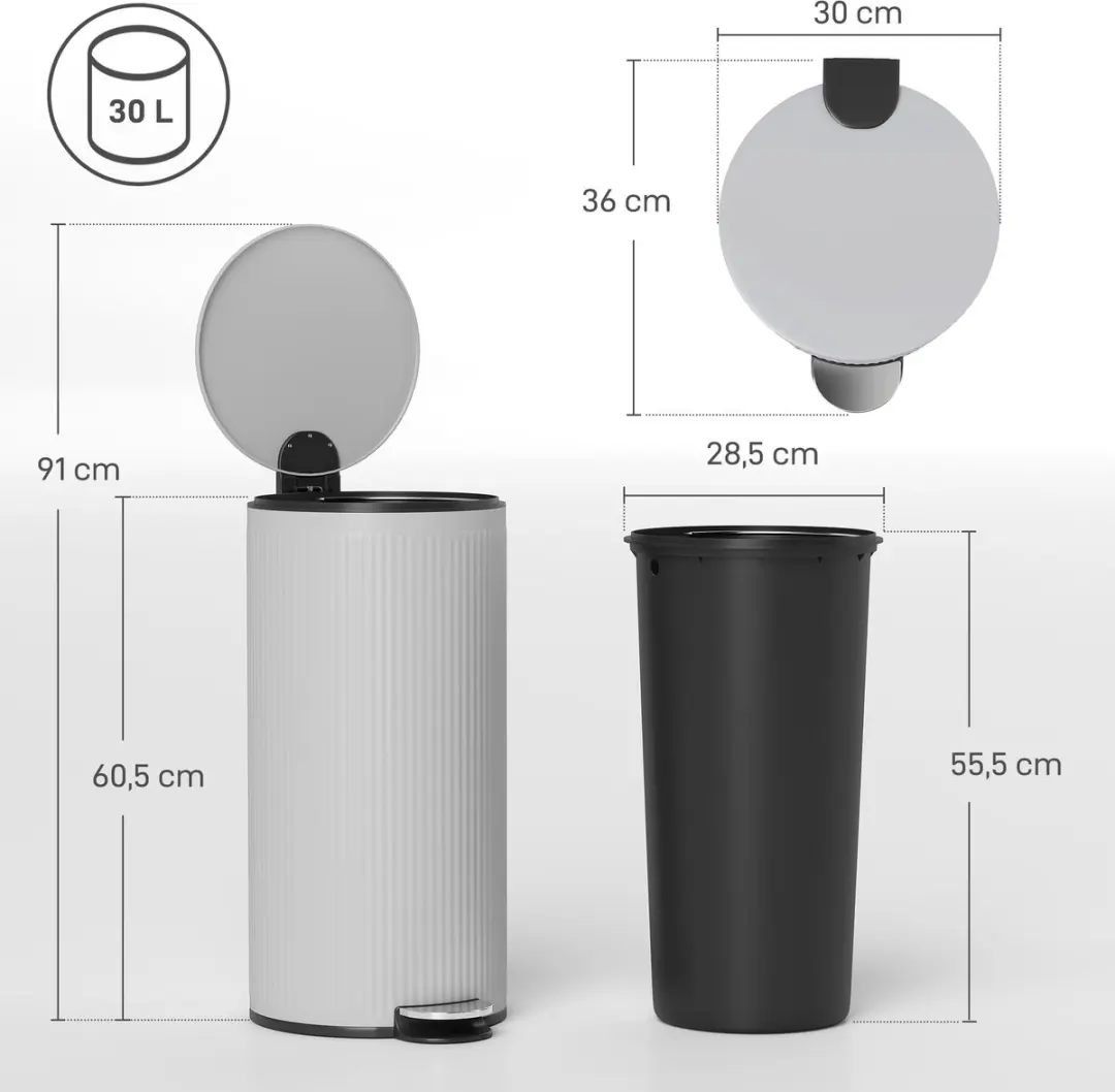 Homcom Prullenbak Metaal 30L - Lichtgrijs - afbeelding 6 van 6