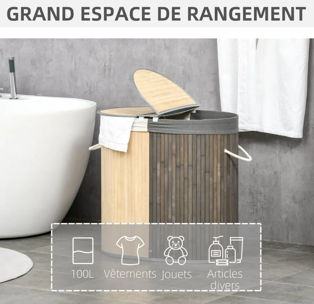 Homcom Wasmand Bamboe 62,5x37x60,5cm - Grijs