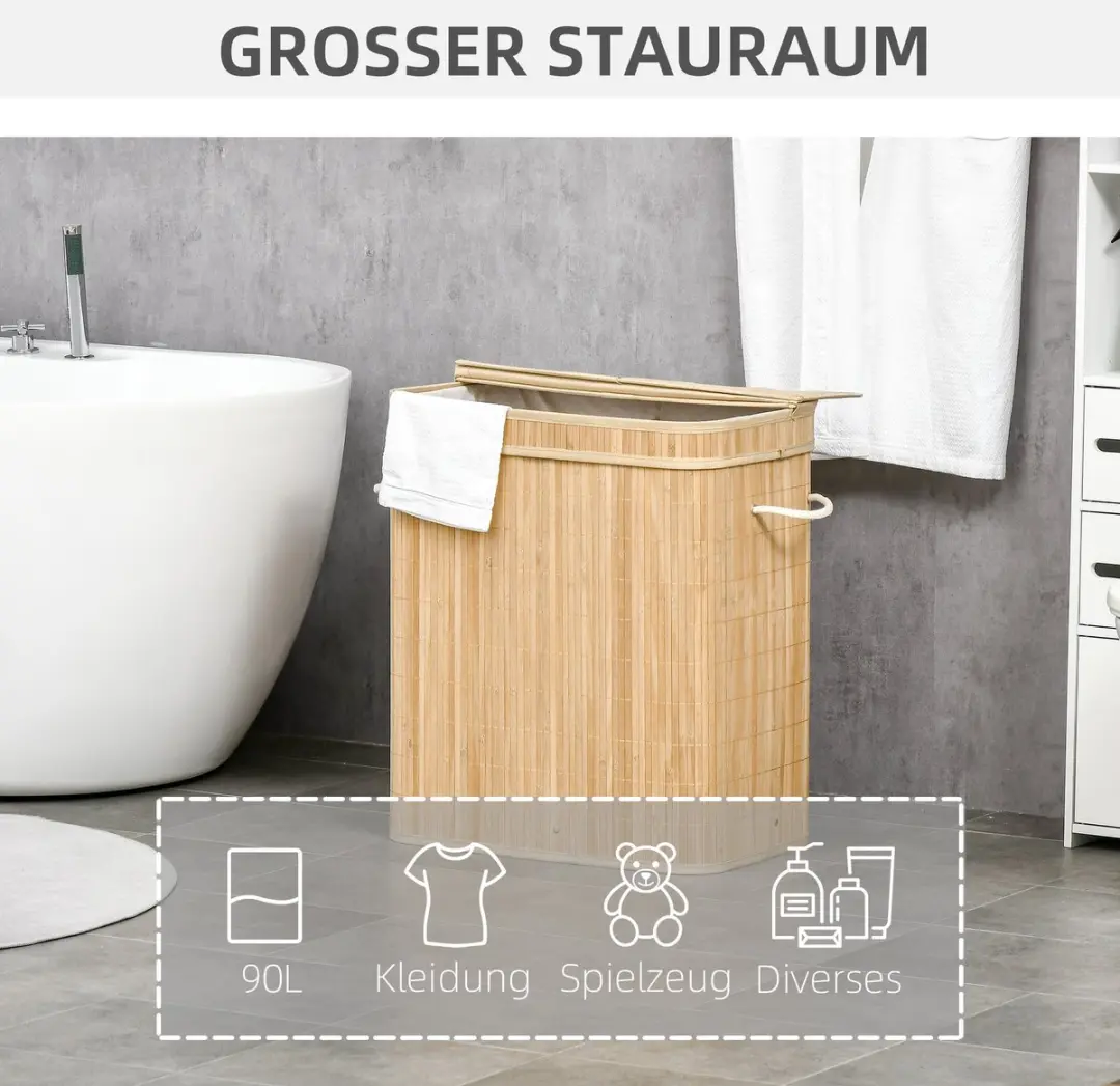 Homcom Wasmand Bamboe 54x35x60cm - 2 Vakken - Natur