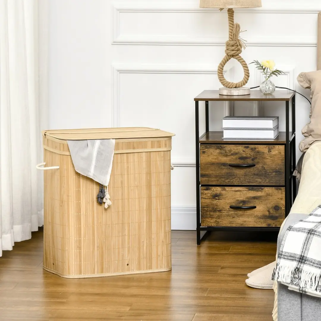 Homcom Wasmand Bamboe 54x35x60cm - 2 Vakken - Natur