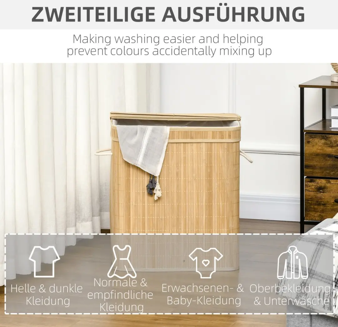 Homcom Wasmand Bamboe 54x35x60cm - 2 Vakken - Natur - afbeelding 6 van 6