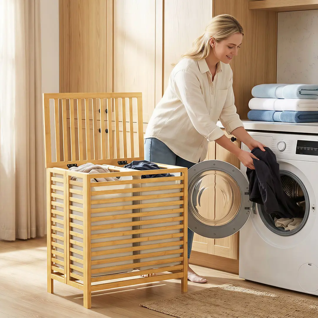 Homcom Wasmand Bamboe Crèmewit 55L - 55x36x64cm