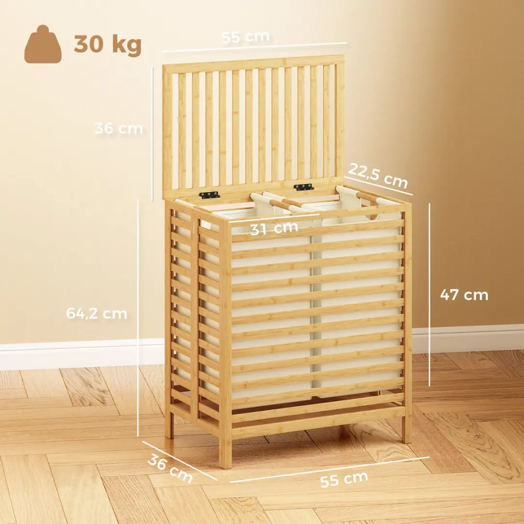 Homcom Wasmand Bamboe Crèmewit 55L - 55x36x64cm