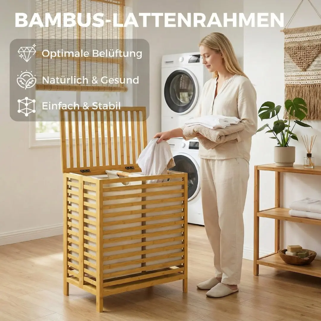 Homcom Wasmand Bamboe Crèmewit 55L - 55x36x64cm - afbeelding 6 van 6