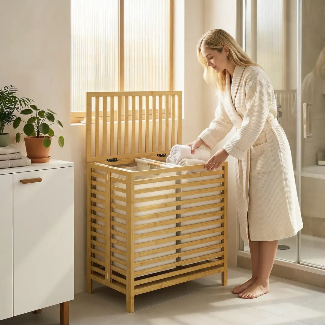 Homcom Wasmand Bamboe Crèmewit 55L - 55x36x64cm