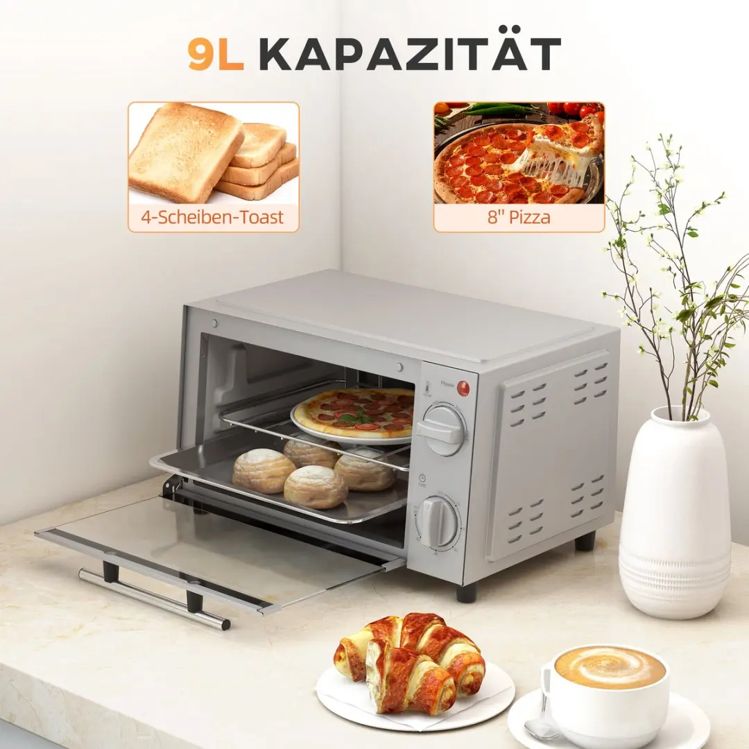 Homcom Minibackoven 750W - 8L - Incl. rooster & bakplaat - Zilver - afbeelding 6 van 6