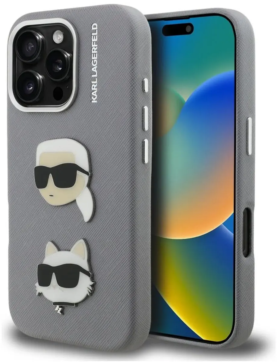 Karl Lagerfeld FW Grained Karl & Choupette Heads Pins Hoesje iPhone 16 Pro