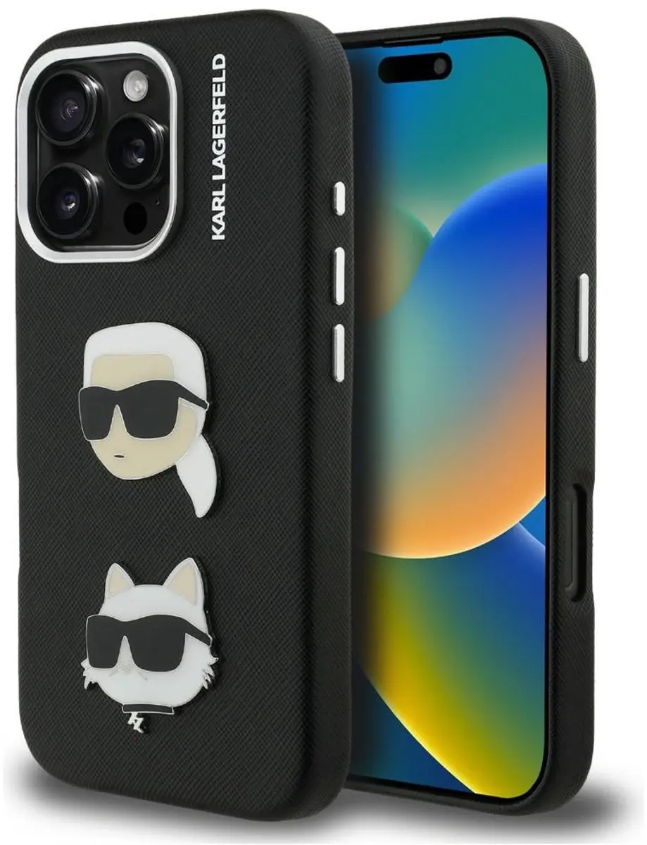 Karl Lagerfeld FW Grained Karl & Choupette Heads Pins iPhone 16 Pro Hoesje