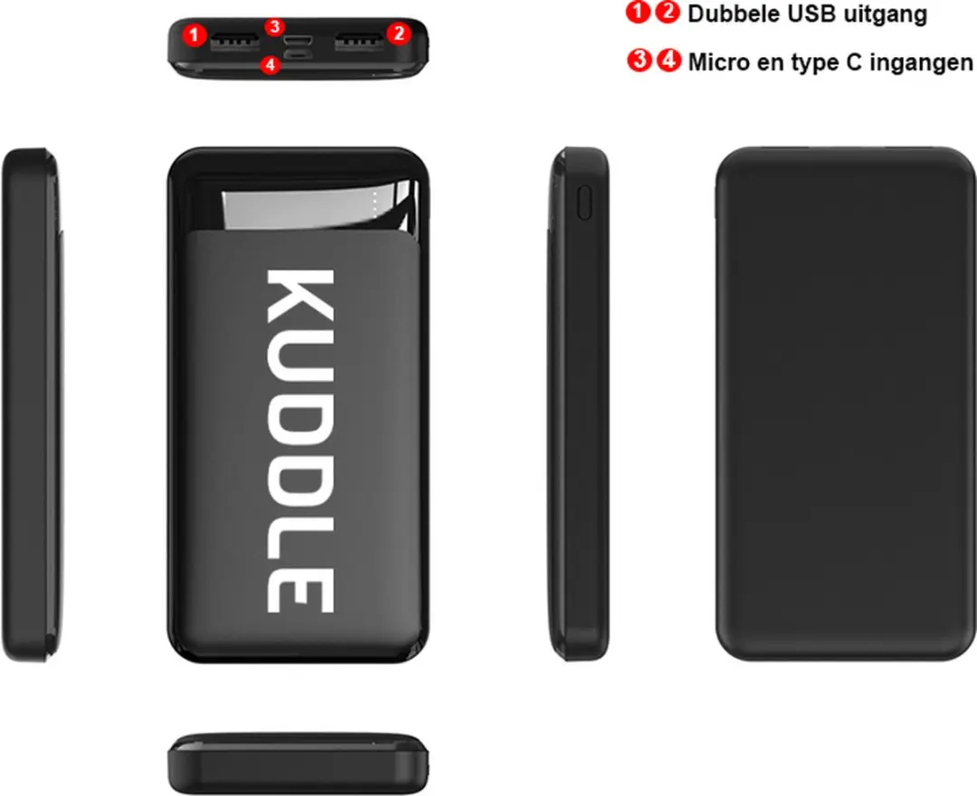 Kuddle Powerbank 10.000mAh - 2x USB - Zwart