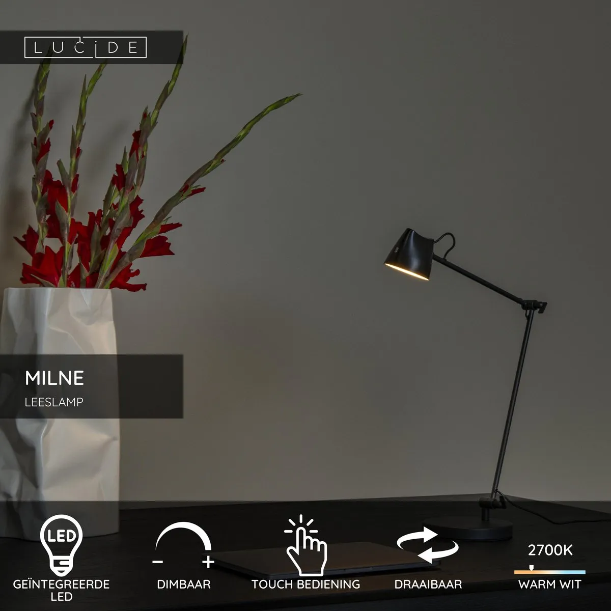 Lucide Milne LED Leeslamp 8W 2700K - Zwart