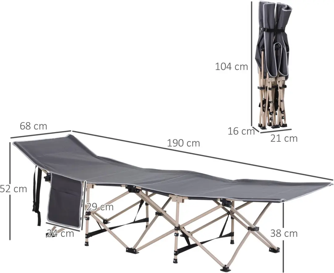 Outsunny Campingbed - 190x68x52cm - 150kg - Grijs