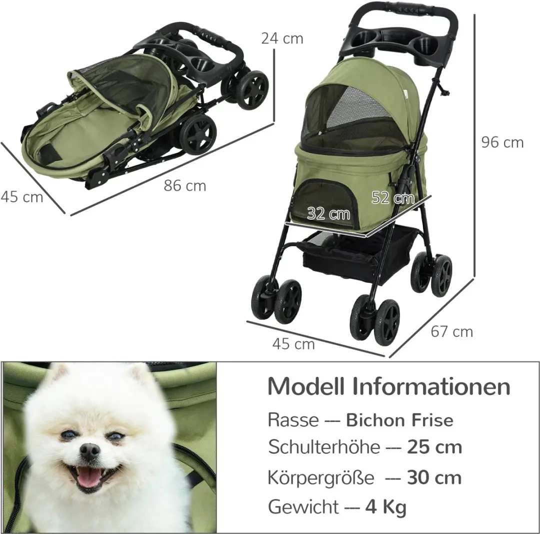 Pawhut Huisdierenbuggy - Donkergroen