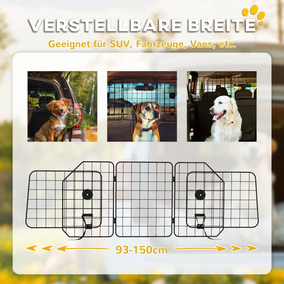 Pawhut Auto Hundegitter 93-150cm x 42cm - Staal - Zwart