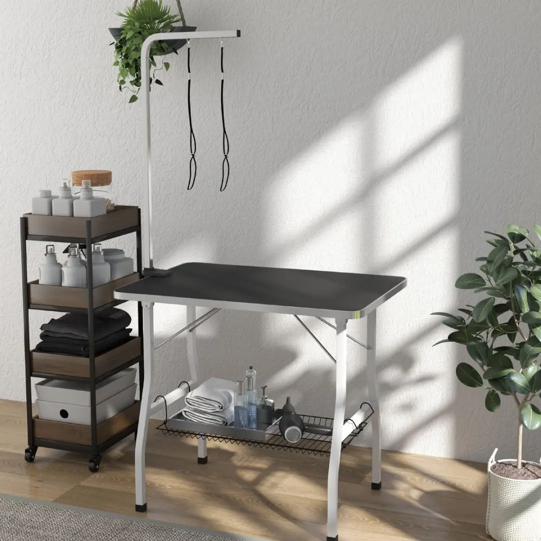 Pawhut Opvouwbare Trimtafel voor Honden - 2x Aanlijnopties - Zwart/Wit