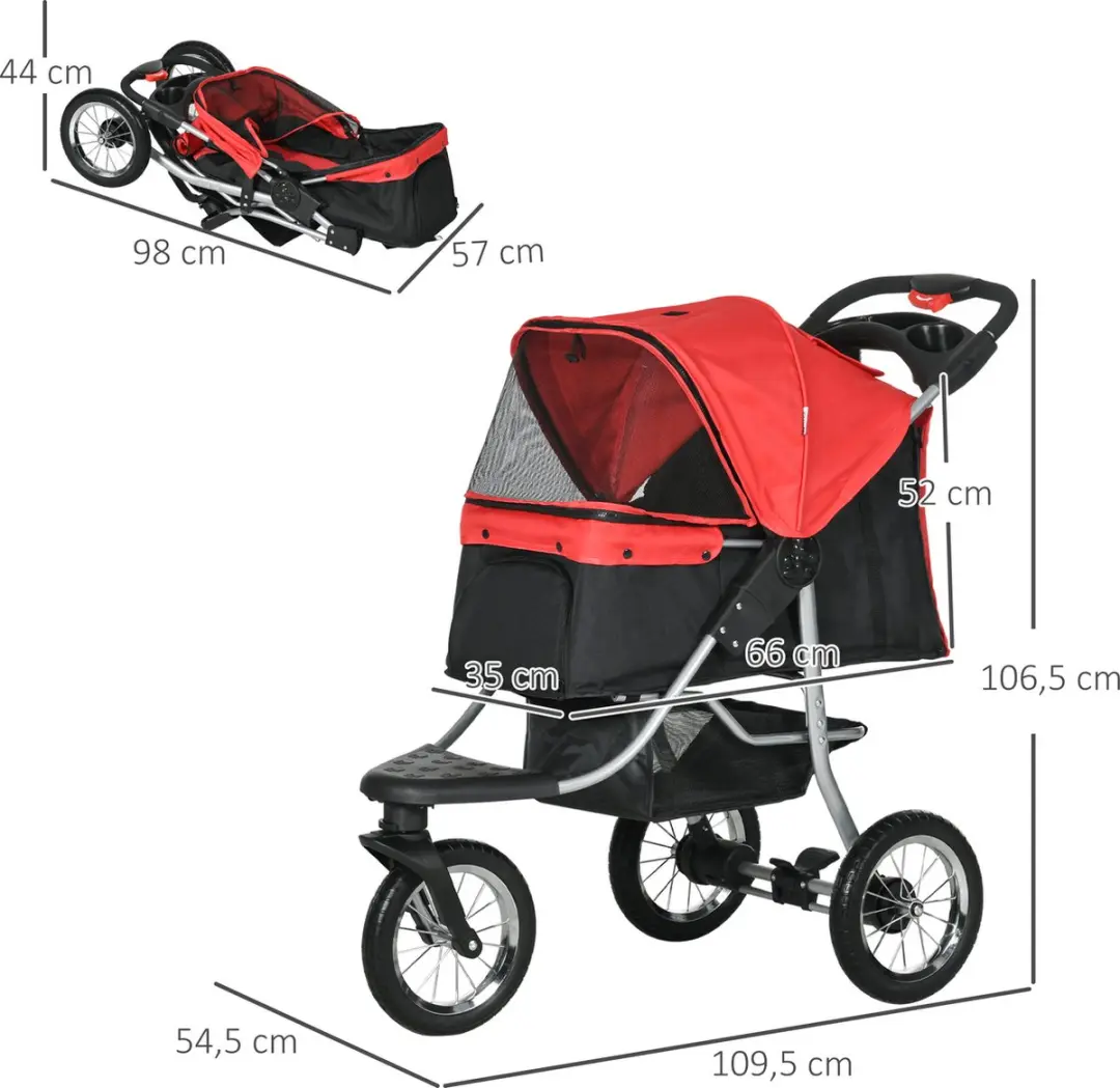 Pawhut Hondenbuggy 3-Wieler Opvouwbaar - Rood/Zwart