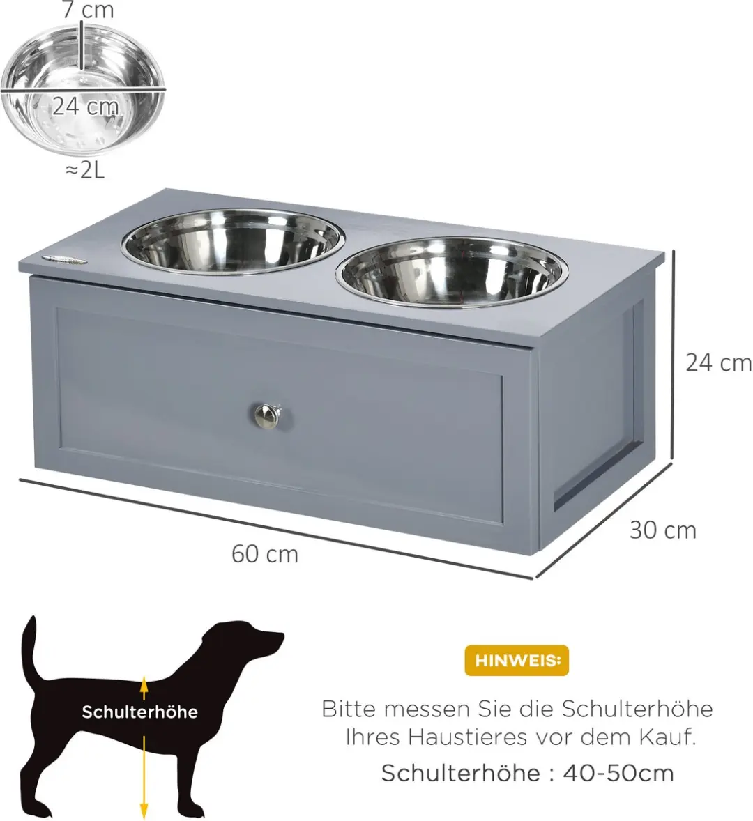 Pawhut Hondenbak met Lade D08-036V00 - 24cm - Grijs