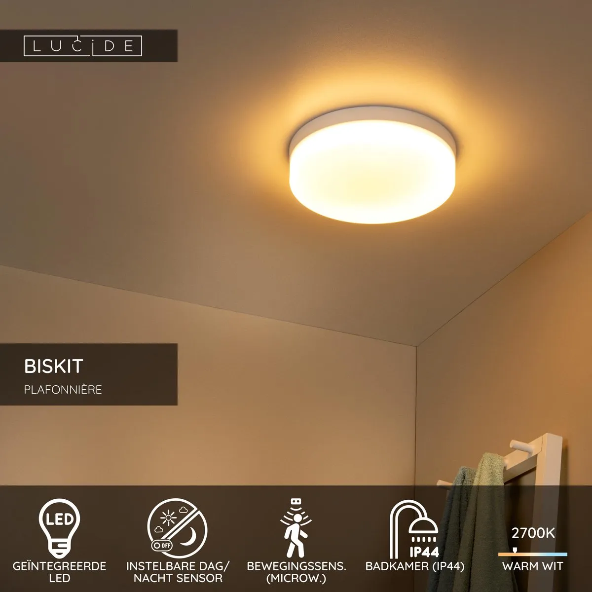Lucide BISKIT Plafondlamp Badkamer - Ø28cm LED 18W 2700K IP44 Wit