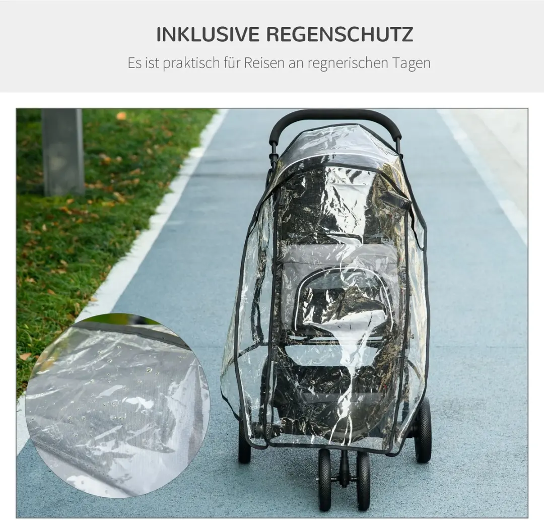 Pawhut Hundebuggy - Kattenwagen met regenscherm - 2 veiligheidslijnen - inklapbaar - Oxford grijs