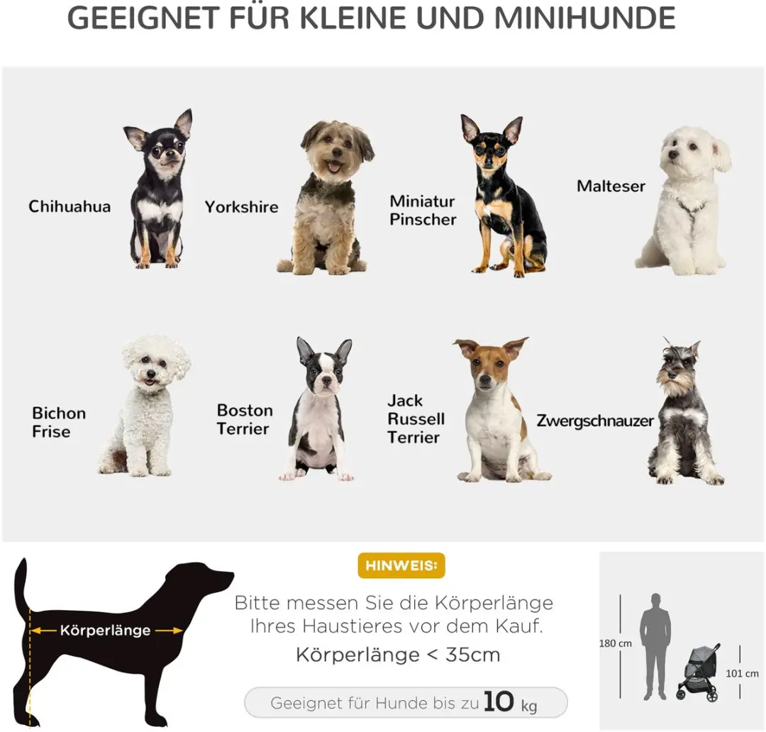 Pawhut Hundebuggy - Kattenwagen met regenscherm - 2 veiligheidslijnen - inklapbaar - Oxford grijs