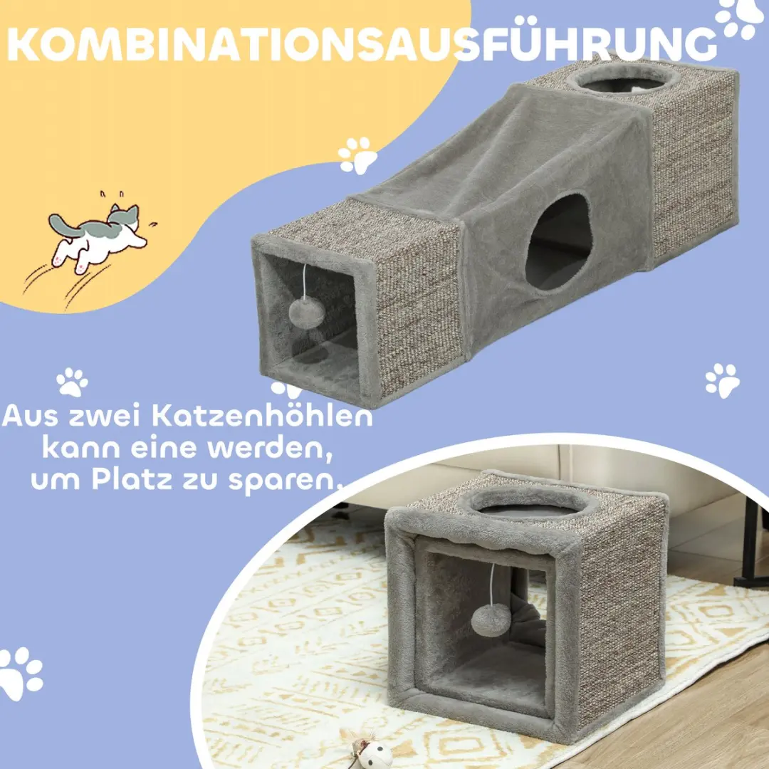 Pawhut Katzentunnel met Speelbal - 98x30x30cm - Bruin/Grijs - afbeelding 6 van 6