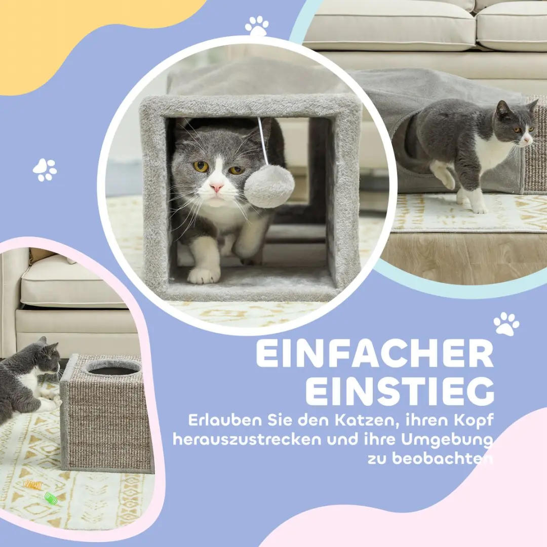 Pawhut Katzentunnel met Speelbal - 98x30x30cm - Bruin/Grijs
