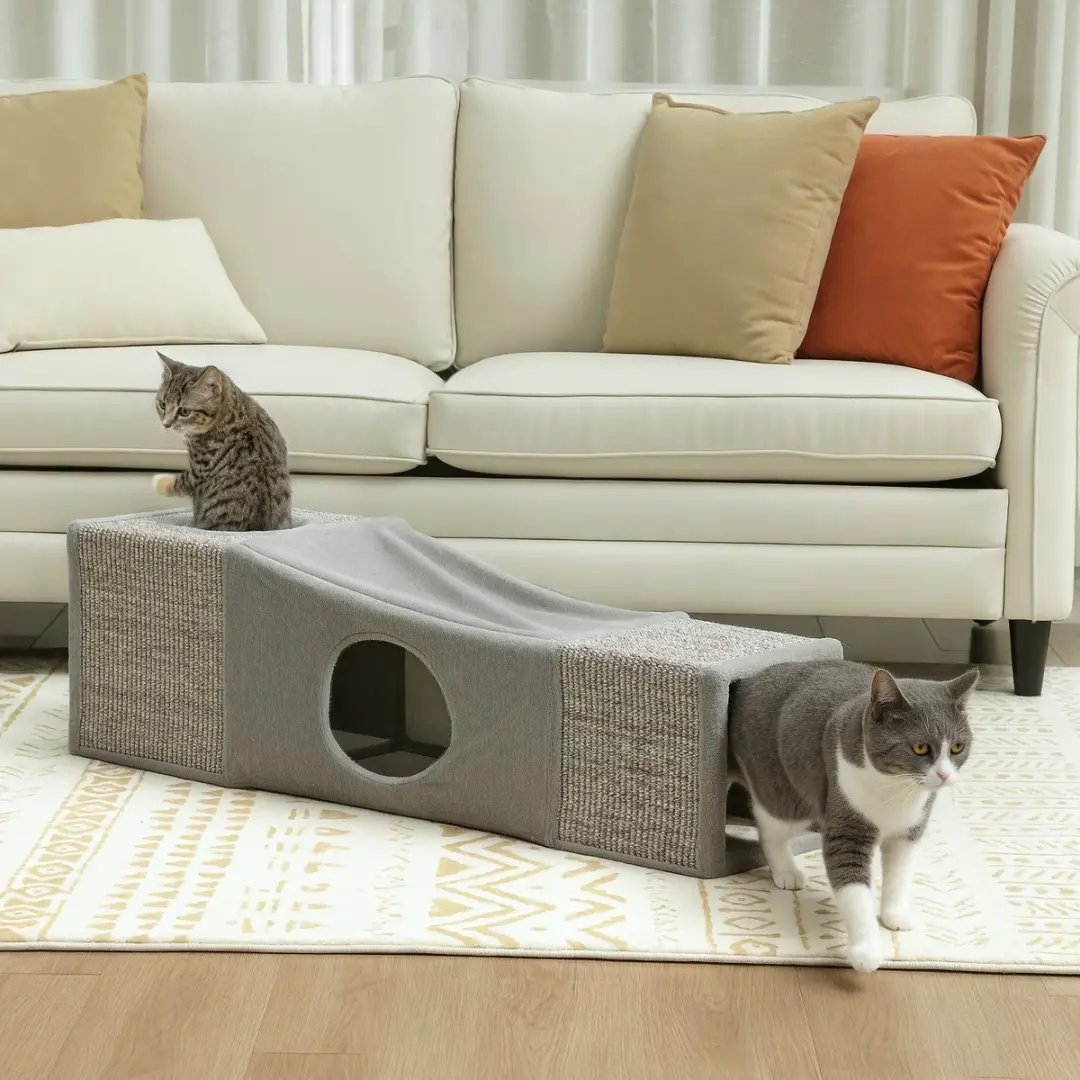 Pawhut Katzentunnel met Speelbal - 98x30x30cm - Bruin/Grijs