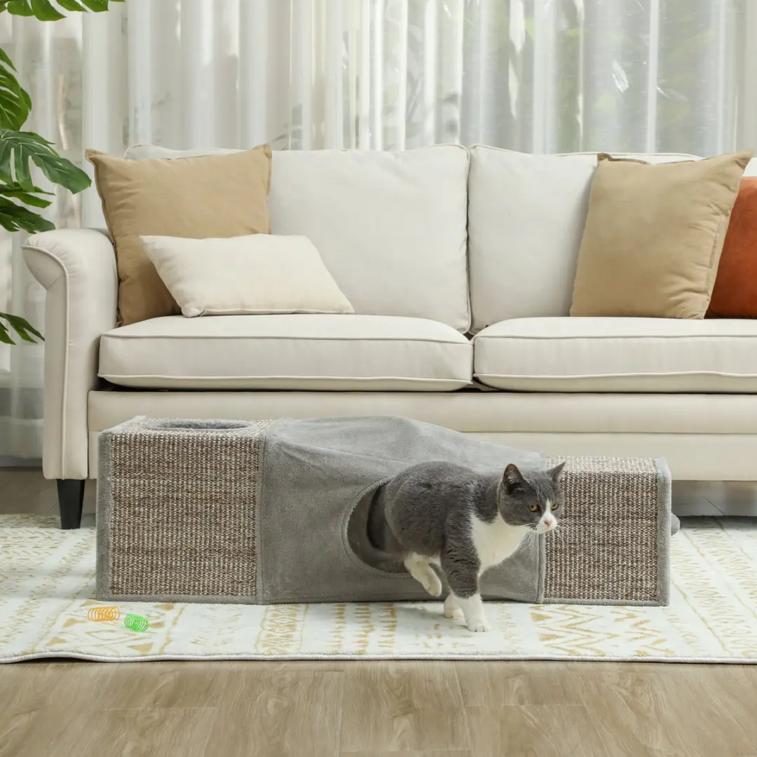 Pawhut Katzentunnel met Speelbal - 98x30x30cm - Bruin/Grijs