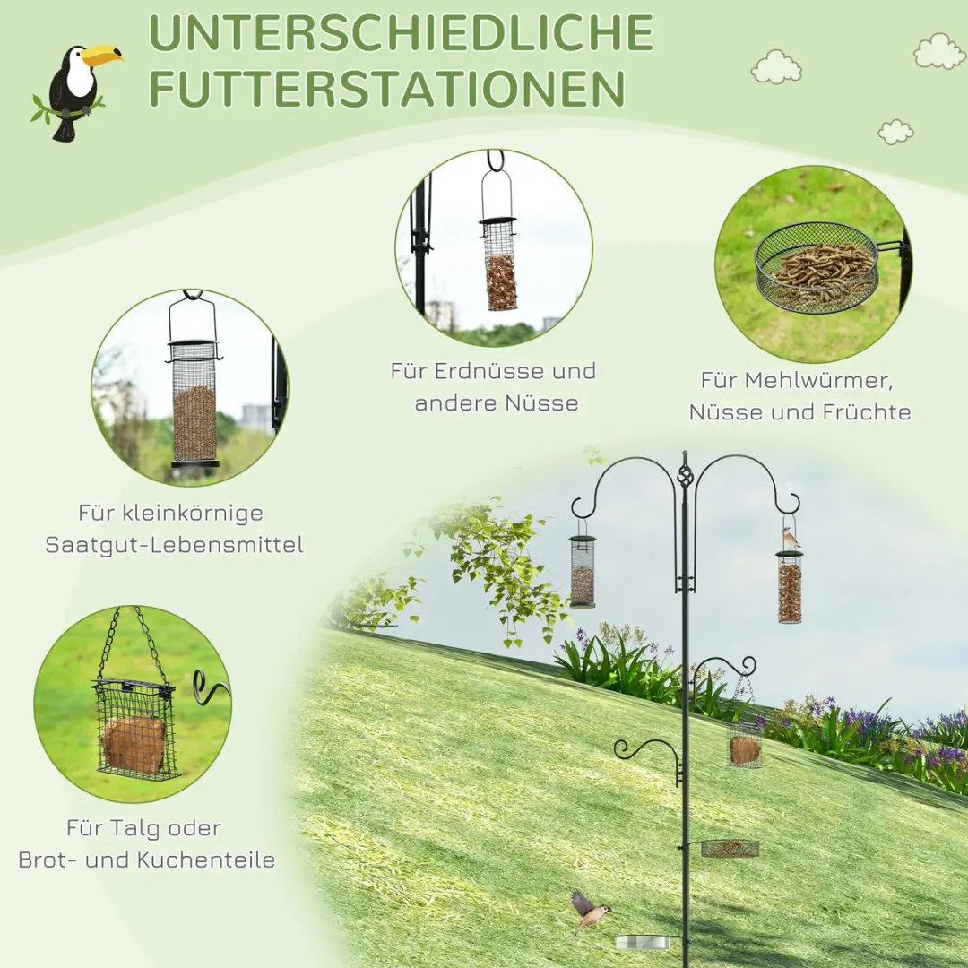 Pawhut Vogelfutterspender Op Paal - 54,5x54,5x208cm - Zwart
