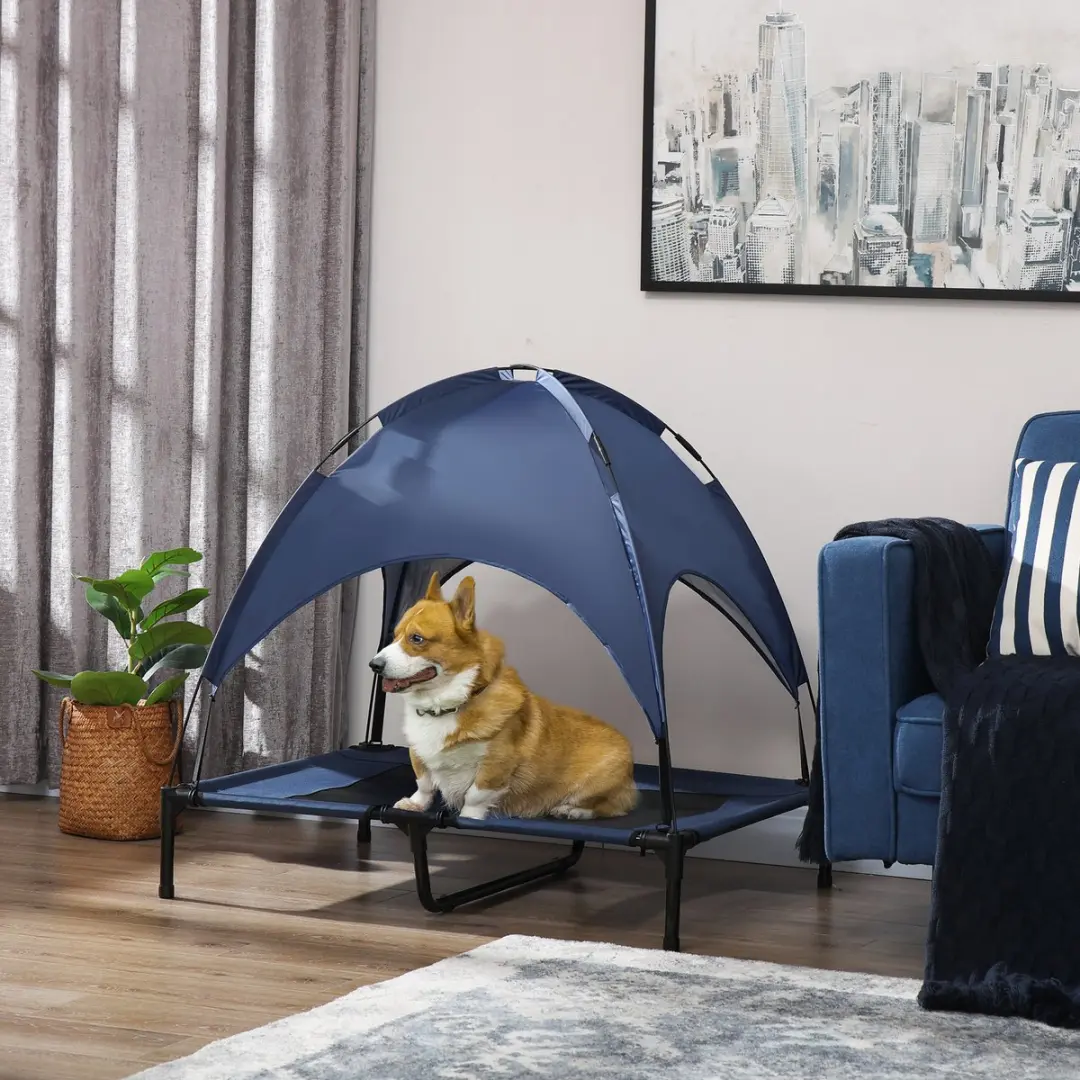 Pawhut Verhoogd Hondenbed met Luifel D04-059-1 - Blauw/Koffie/Zwart